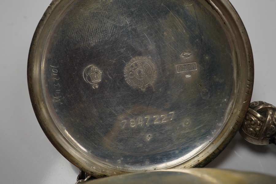 An 800 standard white metal Omega open faced keyless pocket watch, with Arabic dial and subsidiary seconds, case diameter 48mm, together with a white metal albertina. Condition - poor